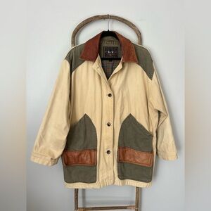 Vintage Beige and Green Barn Coat with Leather Accents